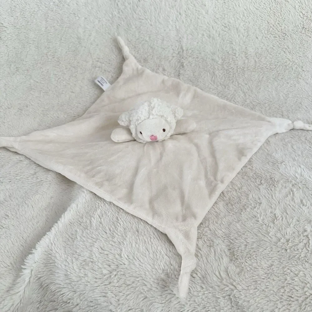 Crevent Cream Colored Lamb Sheep Lovey Baby Security Blanket Knotted Corners